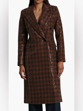 Avec Les Filles Brown Houndstooth Sequin Double-Breasted Blazer Coat